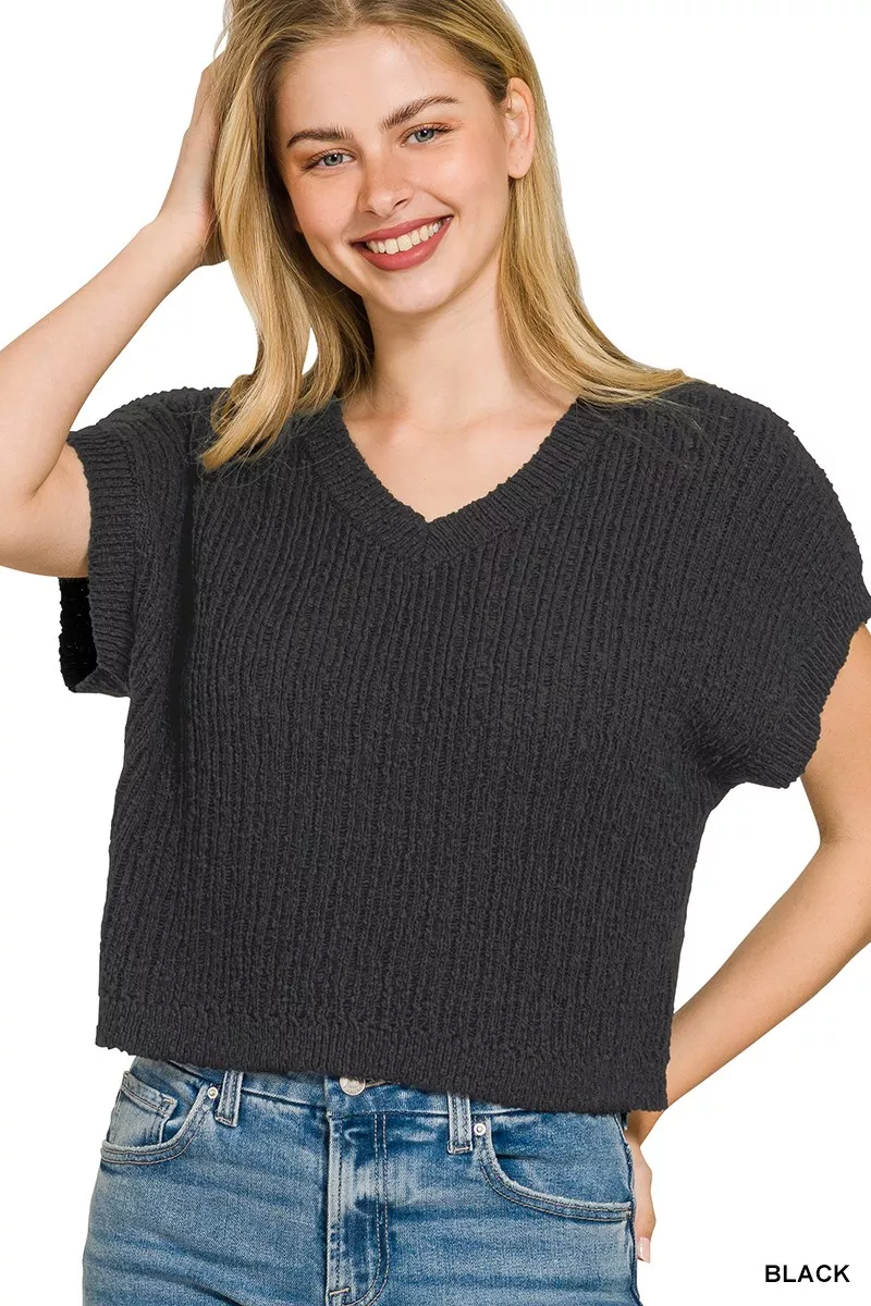 Textured Knit V-Neck Cropped Sweater, image 2