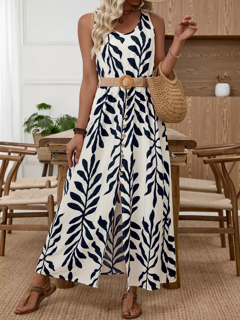 Leaf Print Sleeveless Slit Dress, image 2