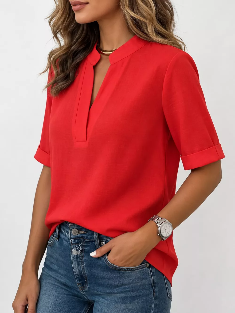 Full Size Notched Short Sleeve Blouse Plus Size, image 33
