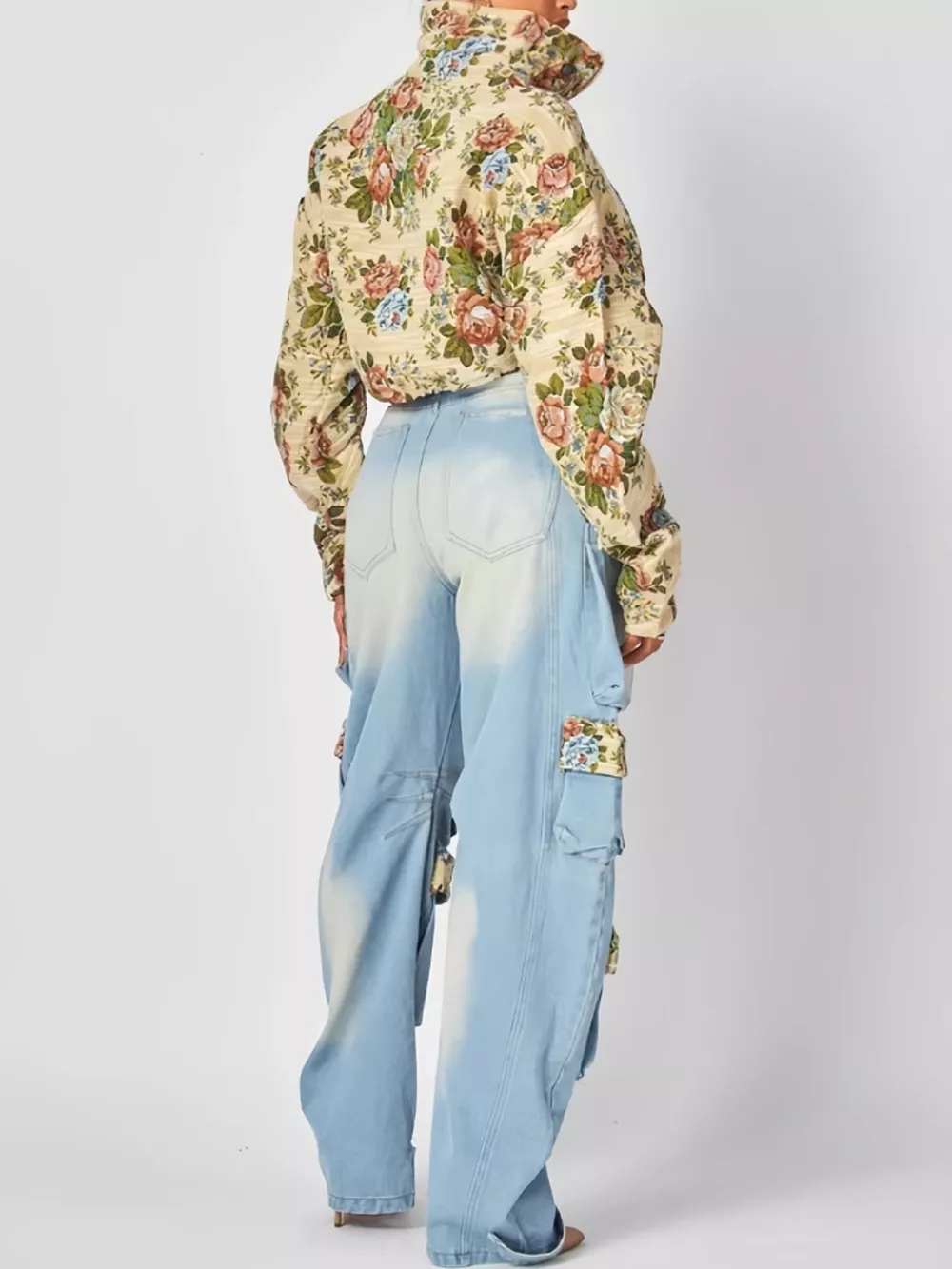Floral Print Cropped Jacket and Cargo Jeans Denim Set, image 3