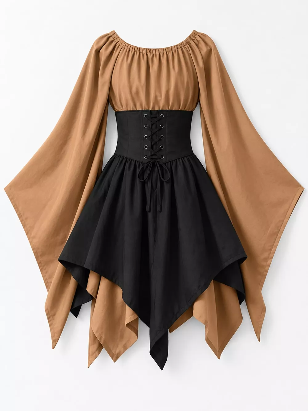 Full Size Lace-Up Flare Sleeve Irregular Hem Dress Plus Size, image 7