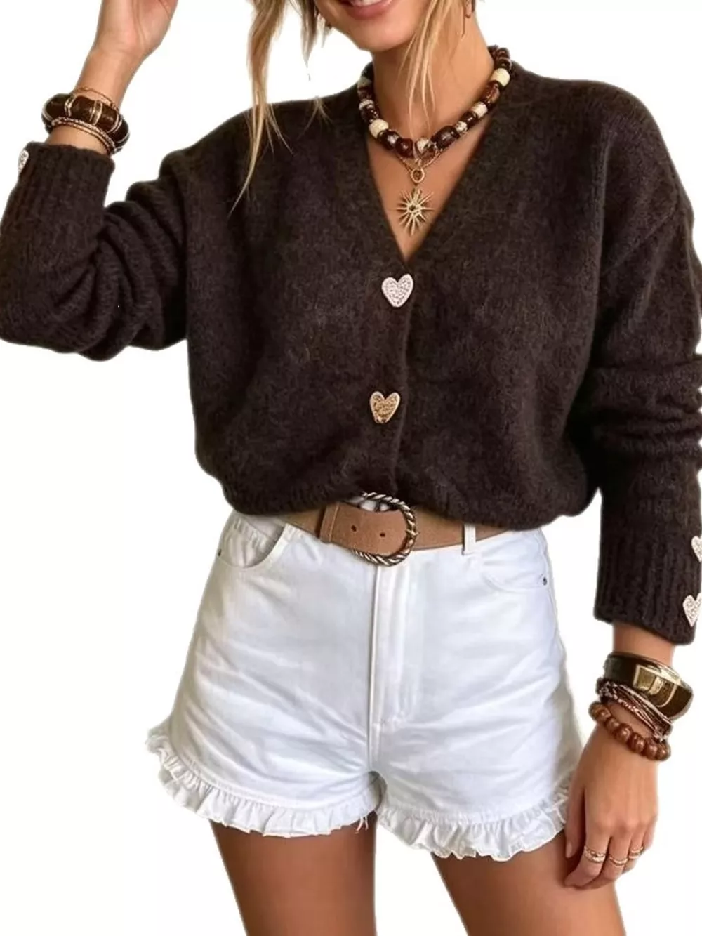 V-Neck Heart-Shaped Buttons Cardigan, image 6