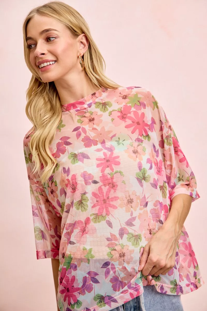 Floral Print Short Sleeves Boxy Mesh Top, image 11