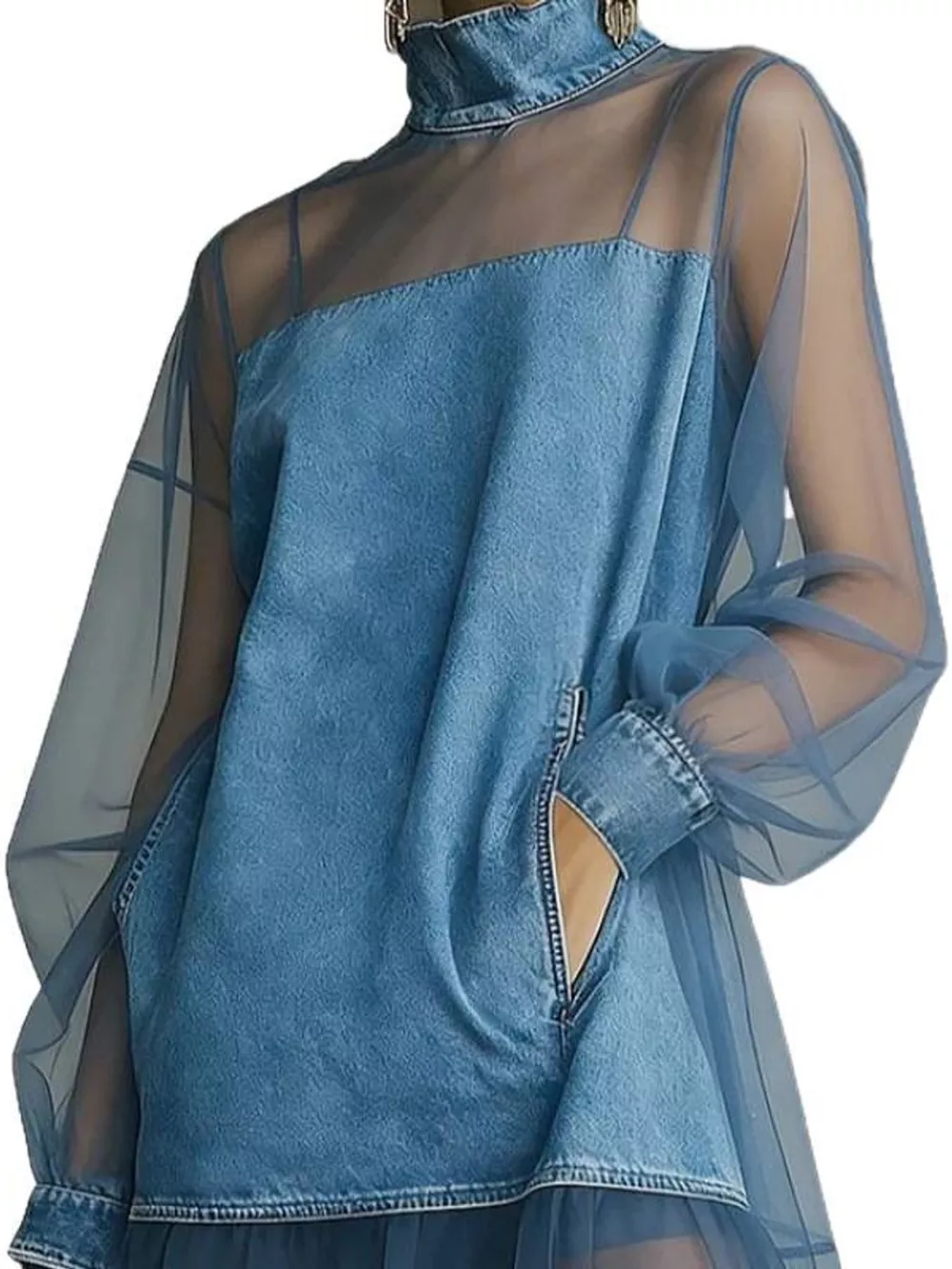 Full Size Mock Neck Sheer Mesh Patchwork Denim Dress Plus Size, image 2