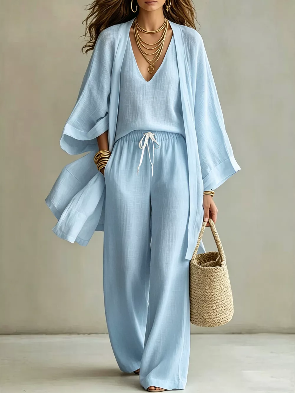V-Neck Top & Cardigan & Pants Three-Piece Set, image 11