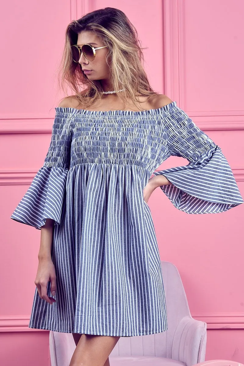Smocked Off Shoulder Striped Dress, image 8