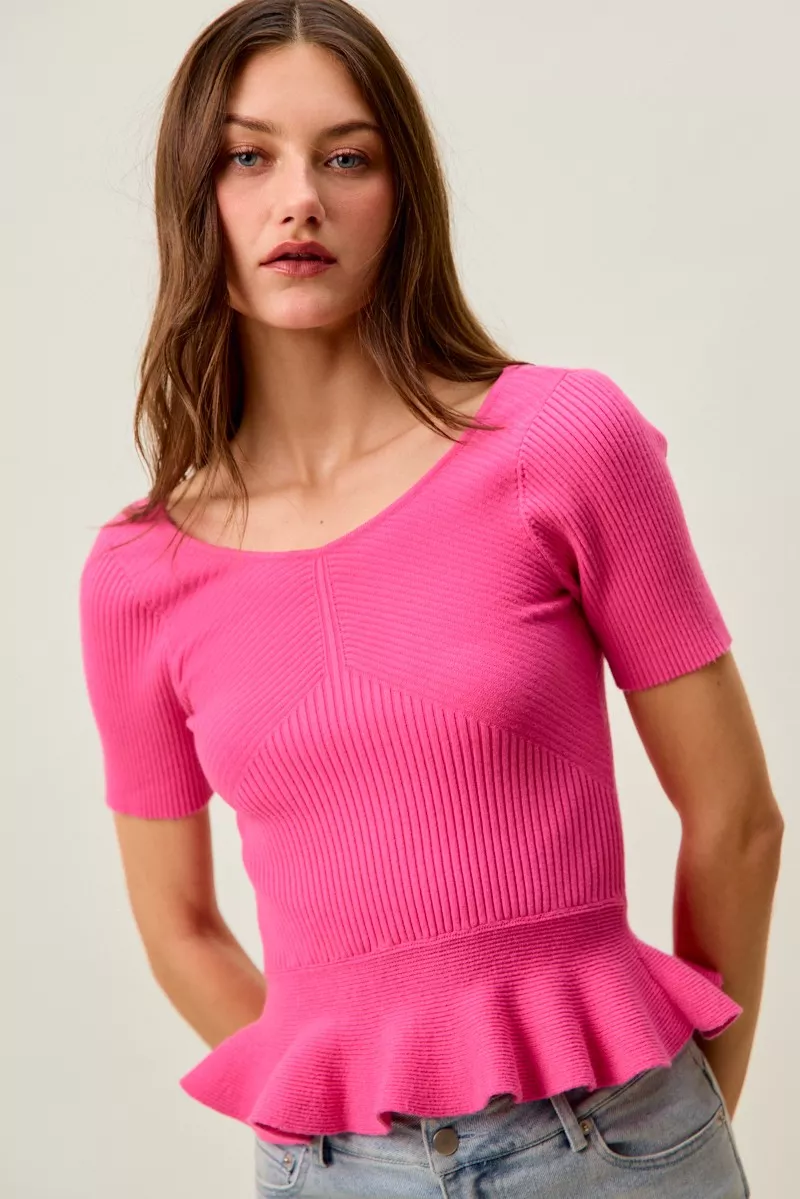 Ribbed Knit Short Sleeves Peplum Sweater Top, image 14