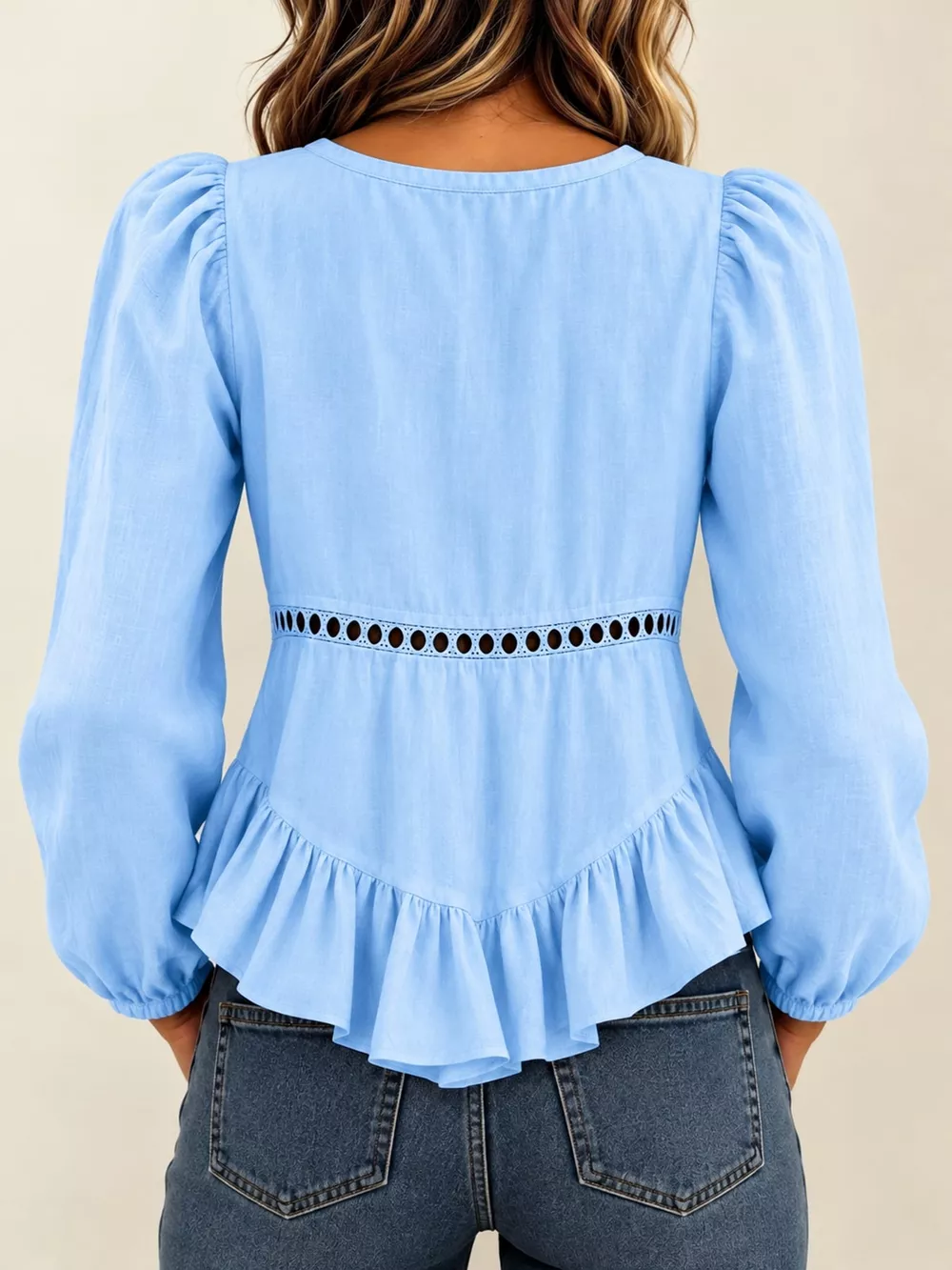 Long Sleeve Blouse with Eyelet Lace Trim and Ruffled Hem, image 20