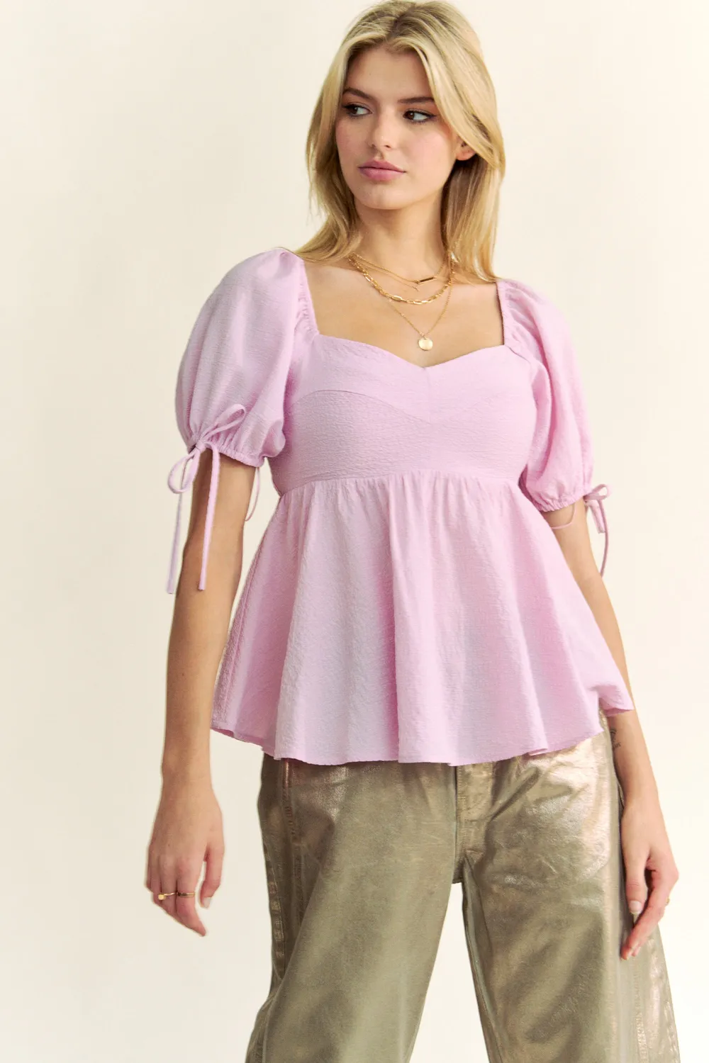Solid Elastic Peplum Puffed Sleeves Blouse