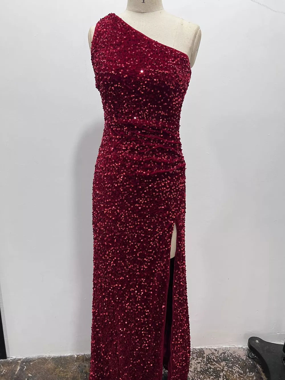 One-Shoulder Ruched Sequin High-Slit Evening Dress, image 24