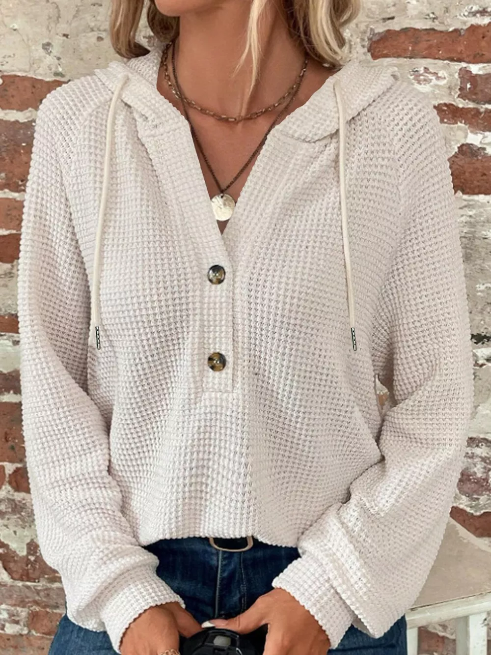 Full Size Waffle Knit Button Detail Hoodie Plus Size, image 11