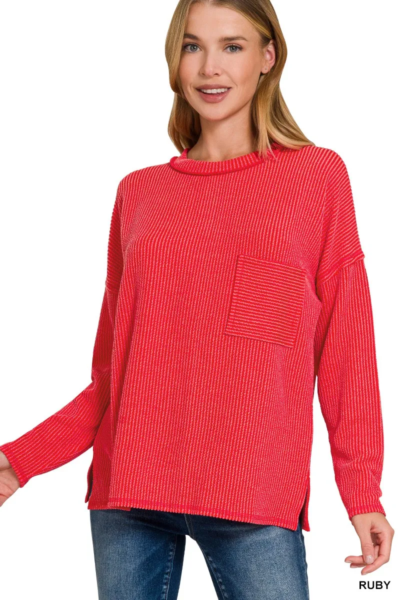 Long Sleeve Drop Shoulder Rib Top