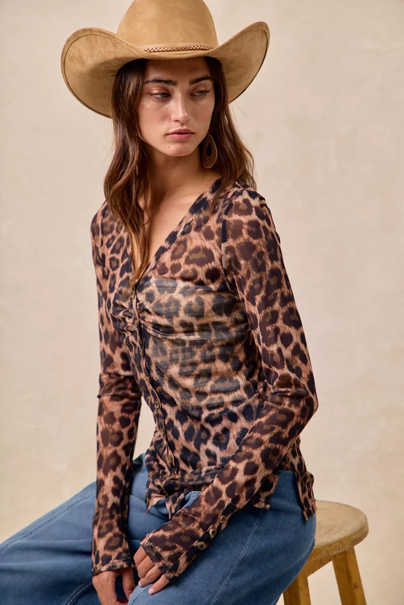 Leopard Printed Mesh Shirt With Button Up V Neck, image 3