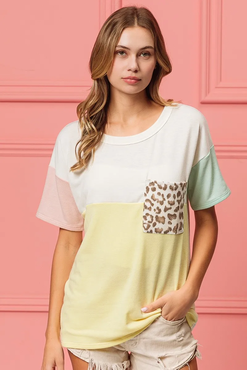 BiBi Leopard Front Pocket Ft Color Block Crew Neck Top, image 10