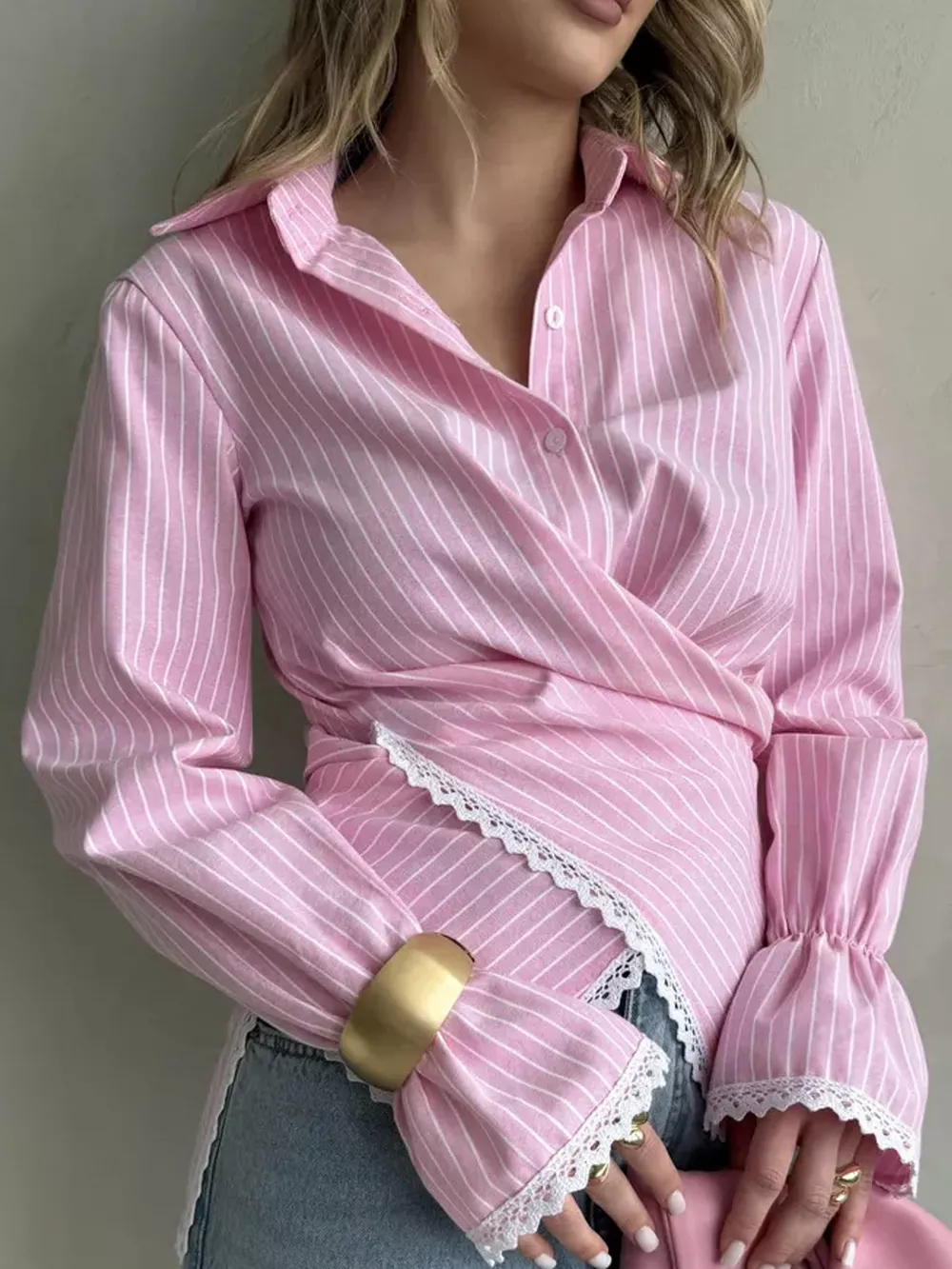 Lace Trim Long Sleeves Striped Shirt, image 2