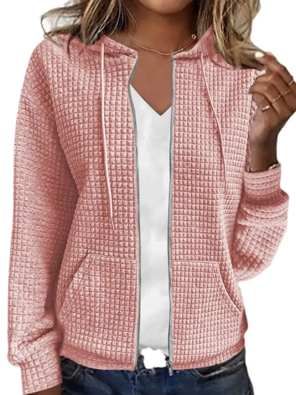 Waffle Knit Zip-Up Hoodie with Drawstring and Pockets, image 2