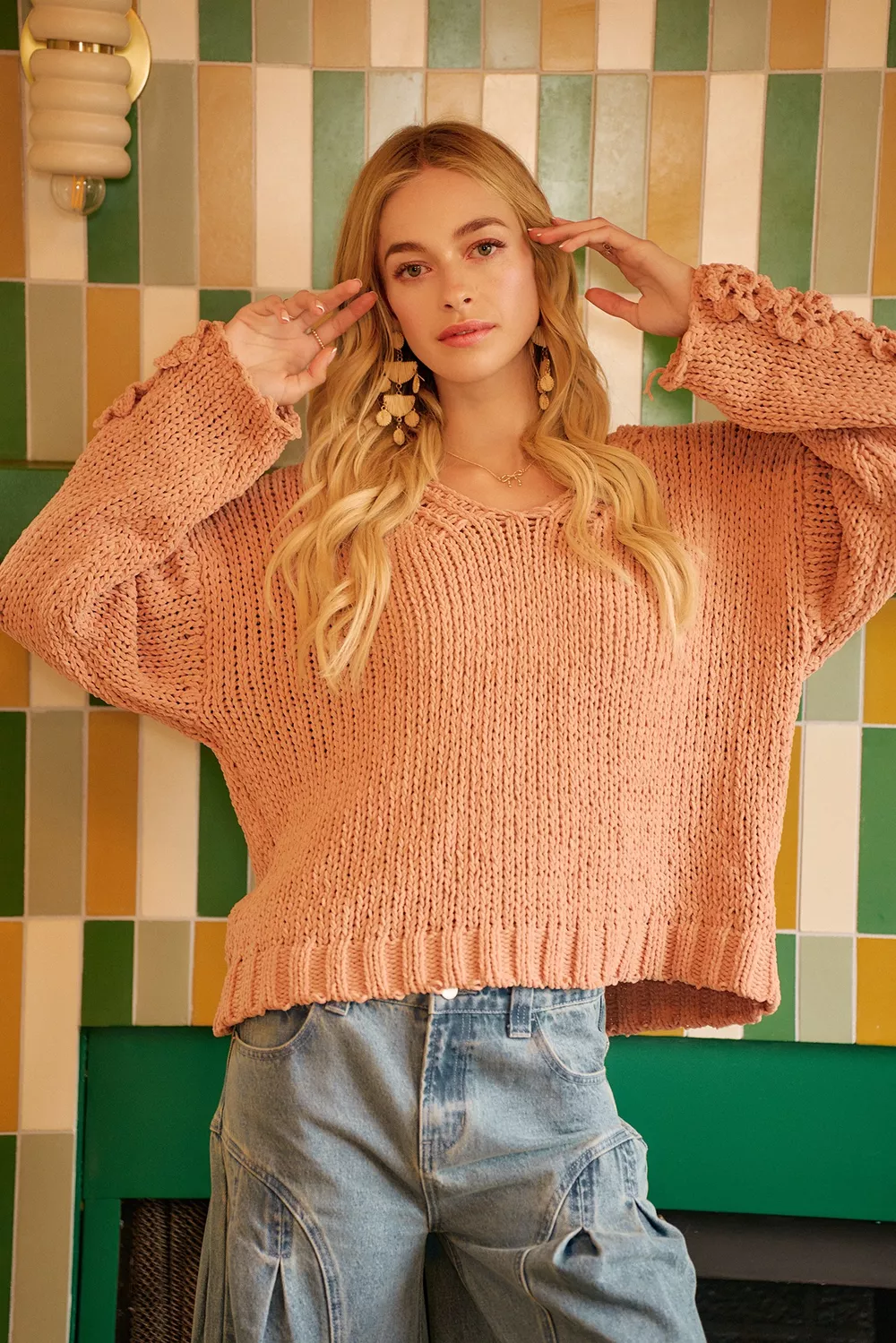 Chunky Knit Sweater with Flower Detail Sleeves, image 15