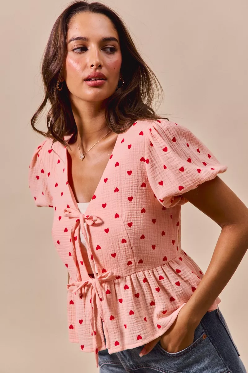 All Over Heart Ribbon Tie Baby Doll Valentine Blouse, image 7