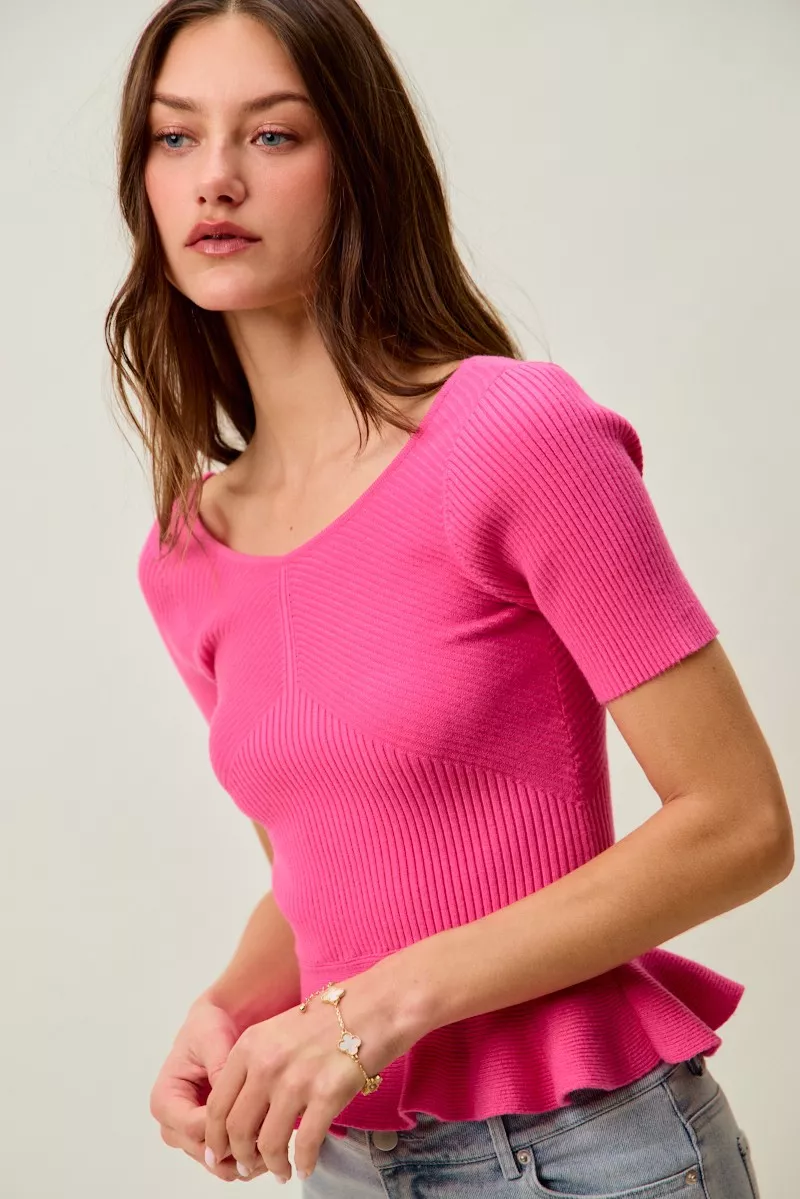 Ribbed Knit Short Sleeves Peplum Sweater Top, image 15
