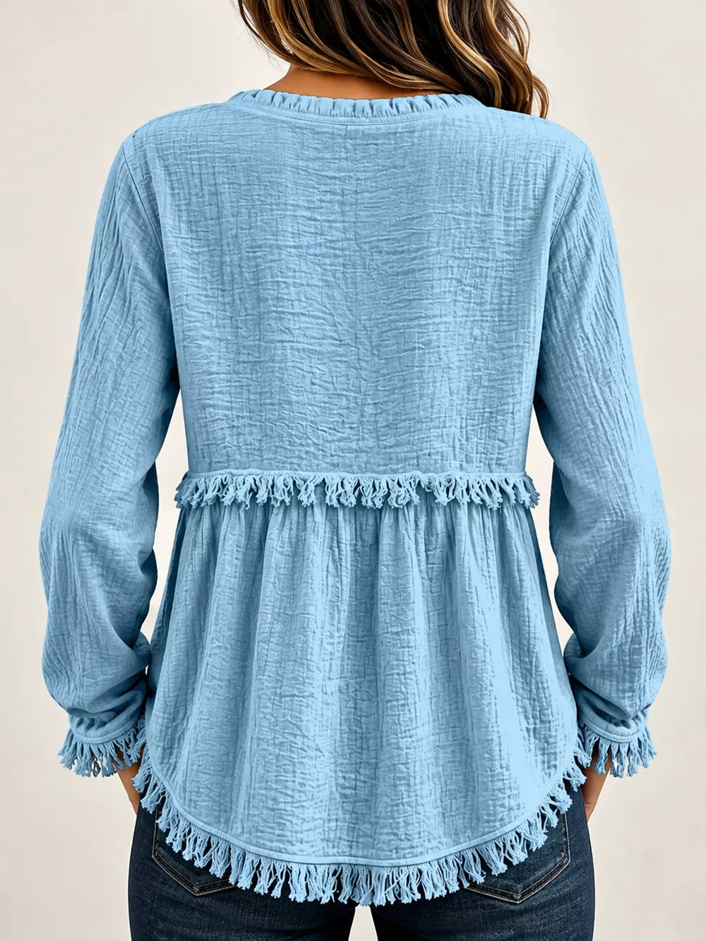 Full Size Frayed Hem Button Detail Blouse Plus Size, image 28
