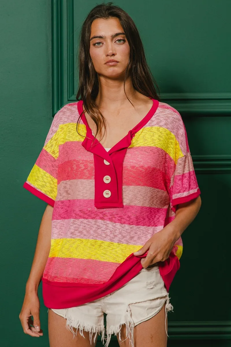 Multi Color Stripe Hacci Button Detail Ringer Top, image 4