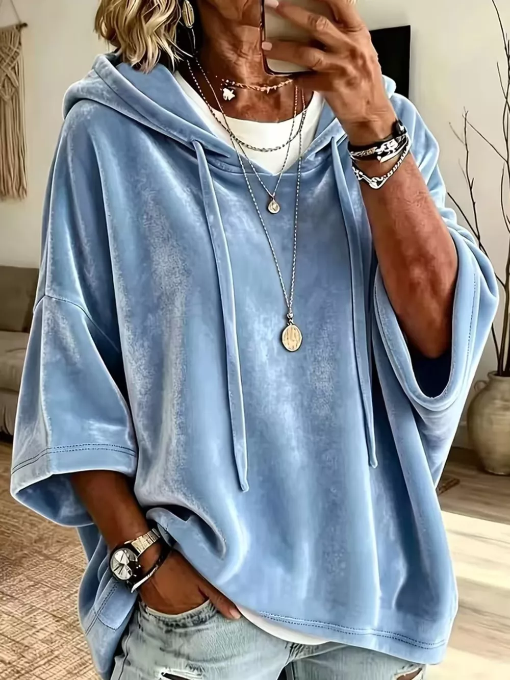 Full Size Velvet Half Sleeve Hoodie with Drawstring Plus Size, image 7
