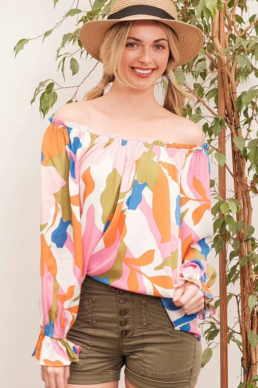 Abstract Print Off-the-shoulder Long Sleeve Top, image 4