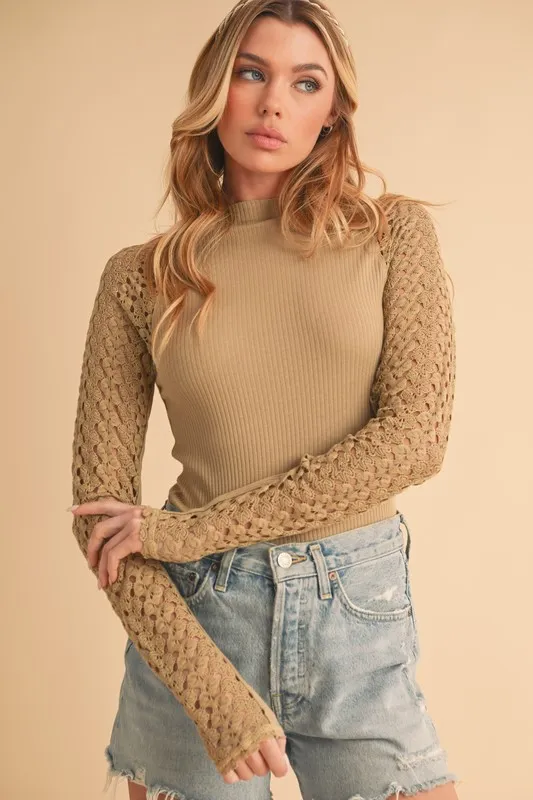 Mock Neck Ribbed Knit Top with Crochet Sleeve