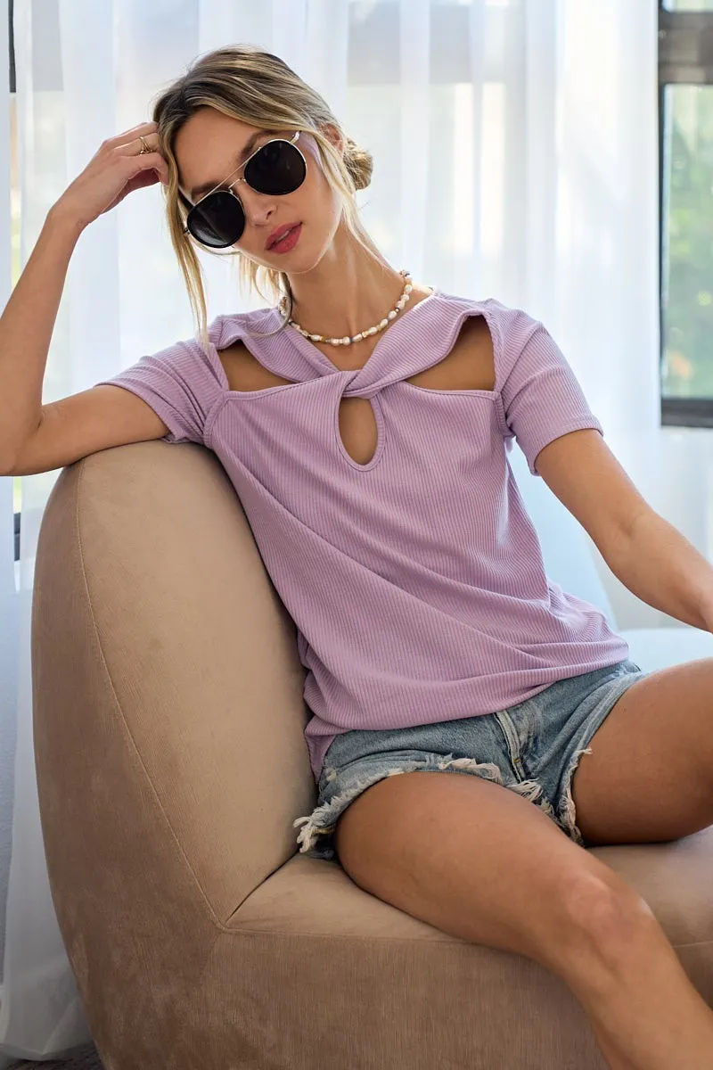 Rib Knit with Cut Out and Front Twist Detailed Top, image 3