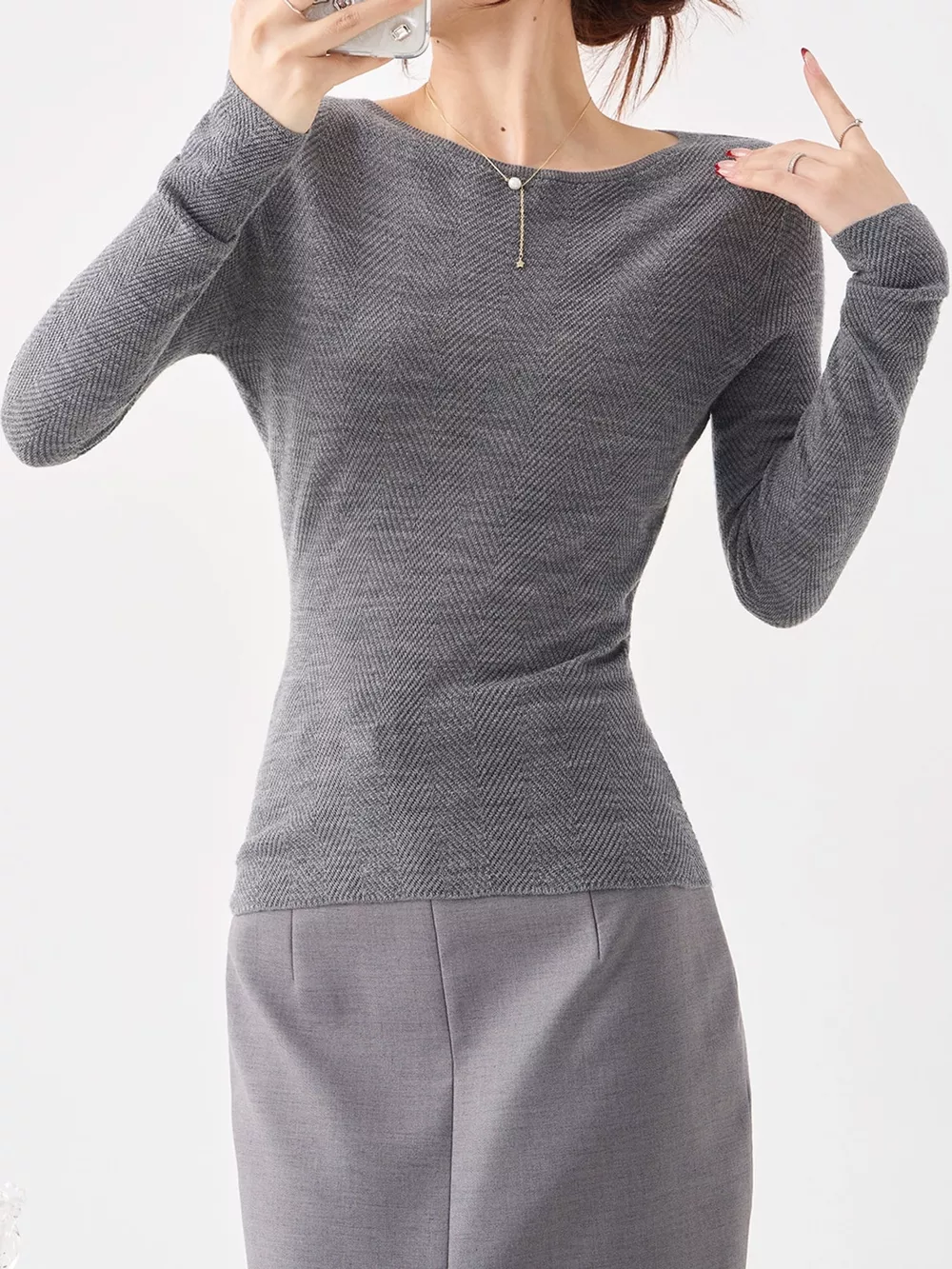 Herringbone Slim Fit Long Sleeve Knit Top