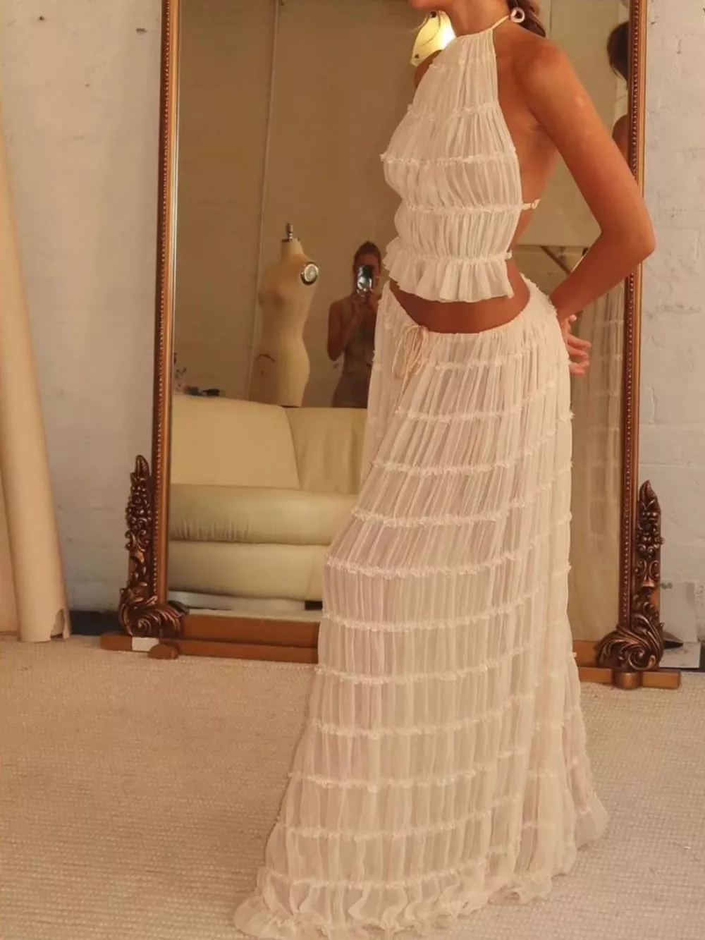 Boho Chic Ruffled Halter Crop Top and Maxi Skirt Set, image 13