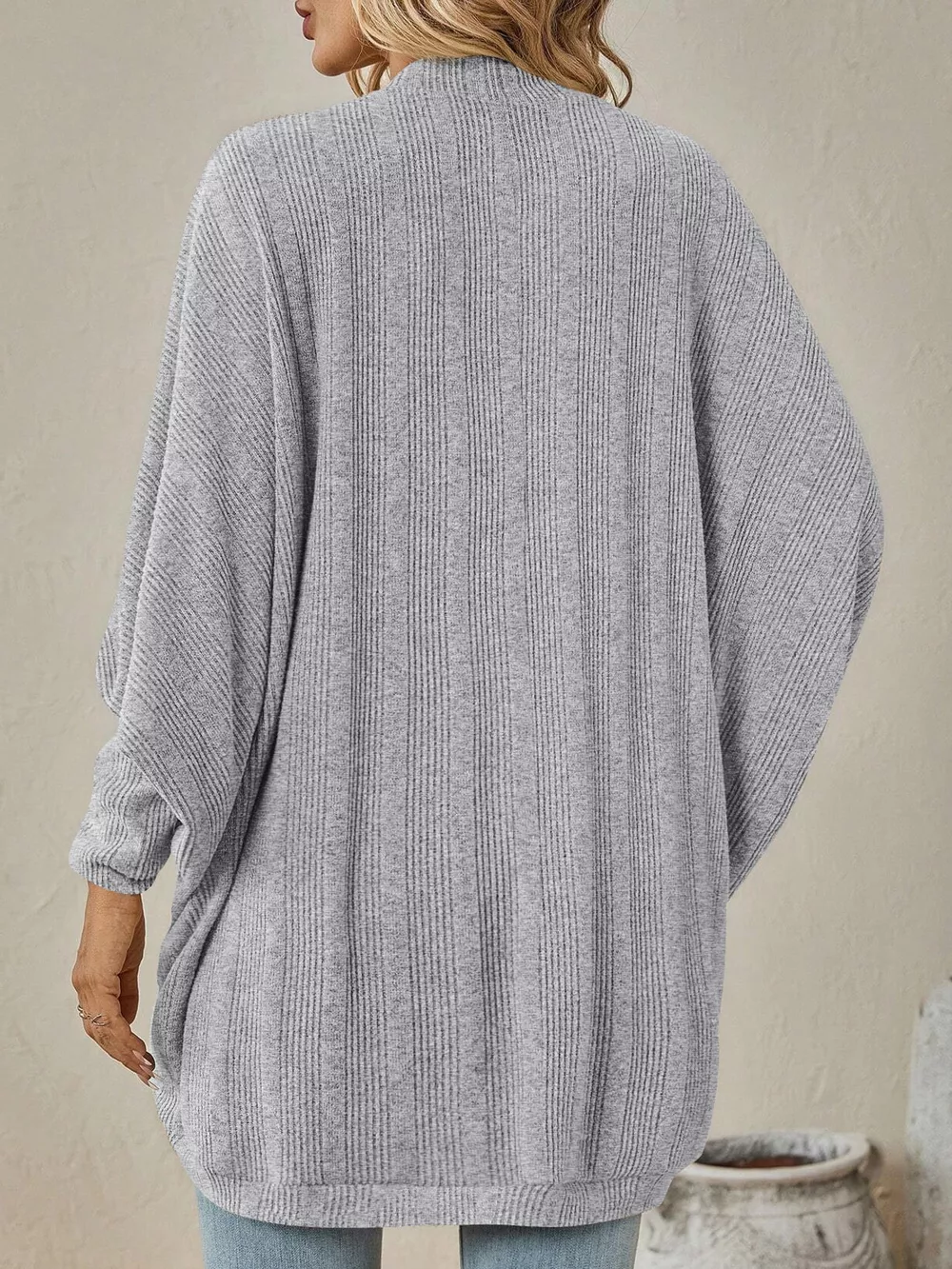 Casual Open Front Batwing Sleeve Ribbed Knit Cardigan, image 22