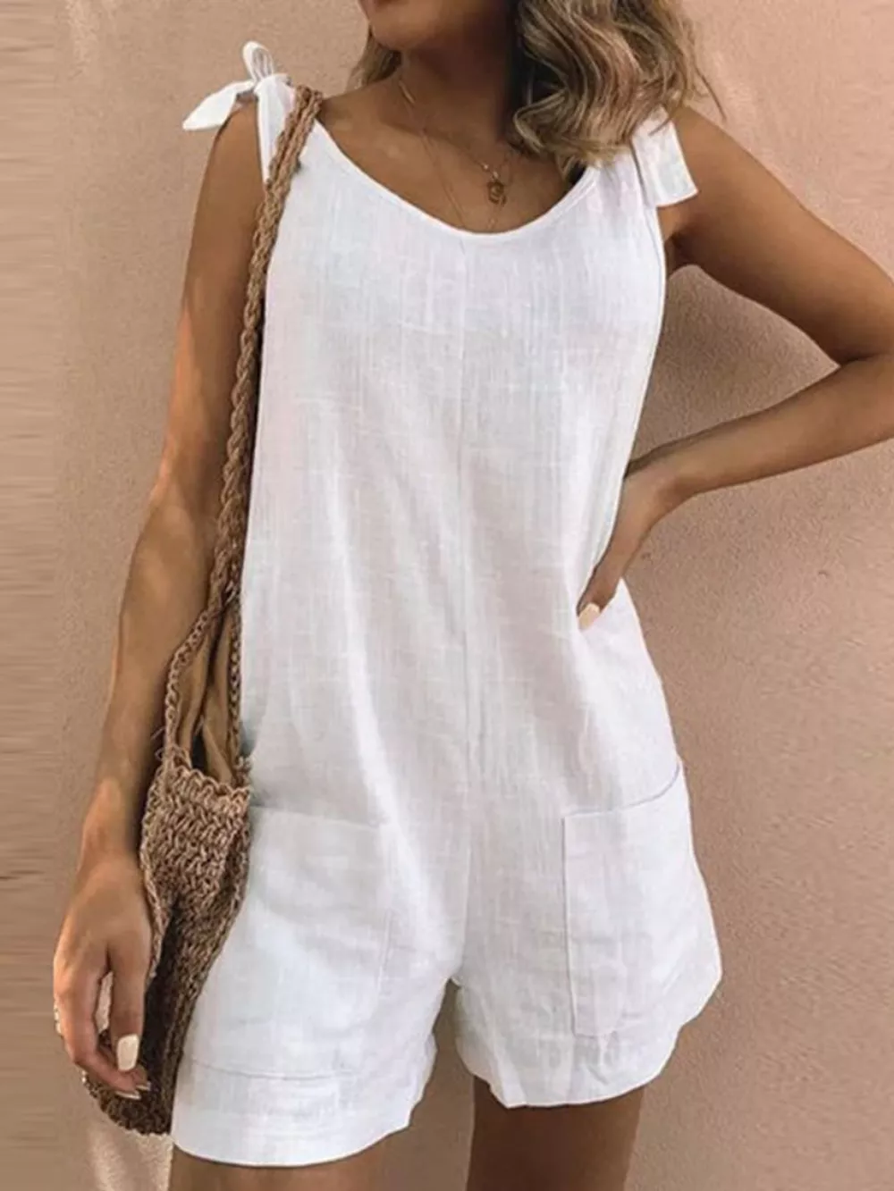 Full Size Tie-Shoulder Romper with Pockets Plus Size, image 2