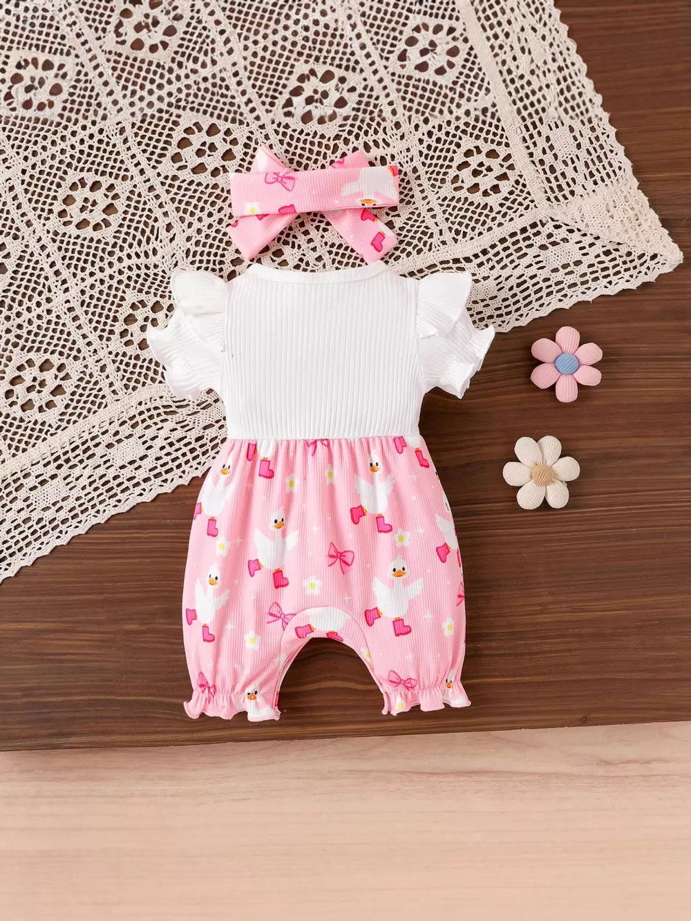 Children's Bow Duck Print Romper with Headband, image 8