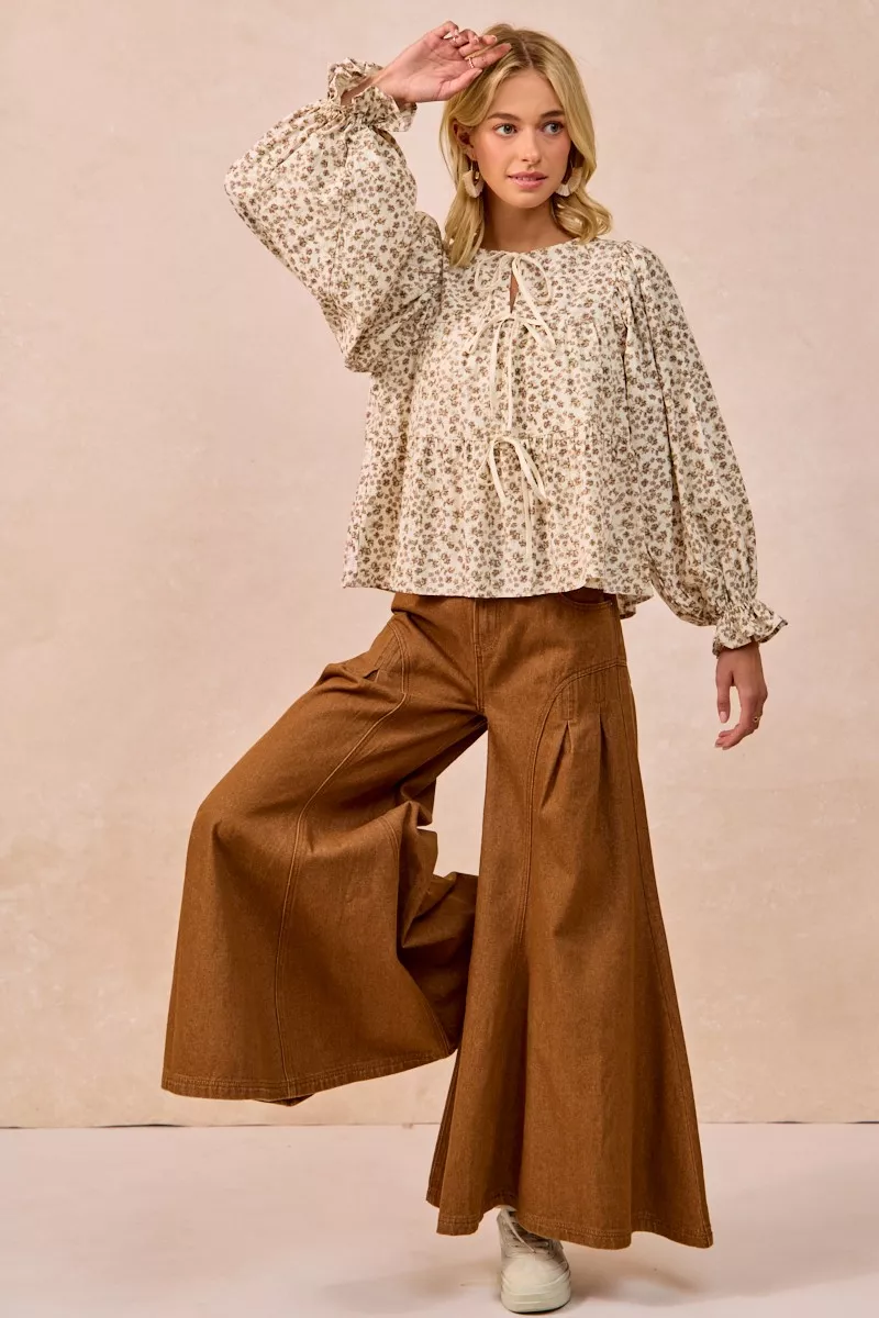 Floral Printed Peplum Blouse with Shirring and Tied, image 10