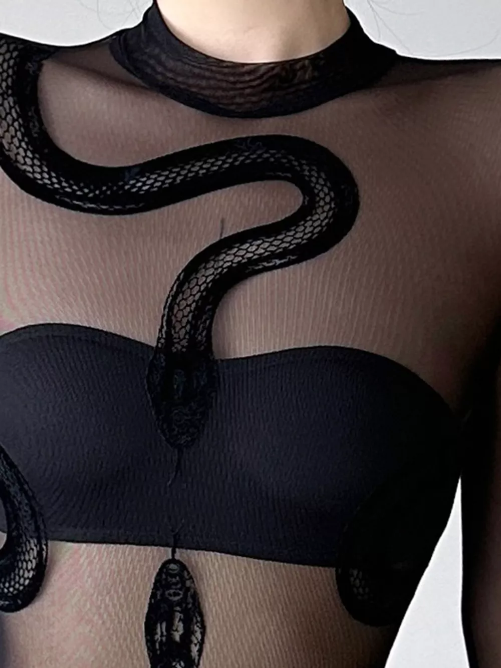 Sheer Mesh Snake Print Long Sleeve Bodysuit, image 9