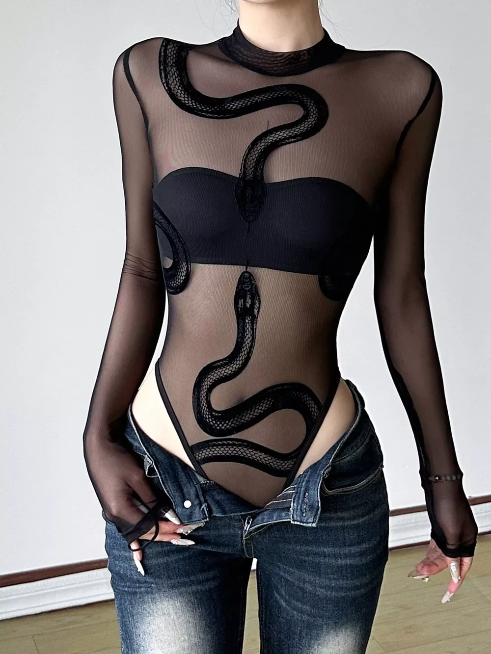 Sheer Mesh Snake Print Long Sleeve Bodysuit