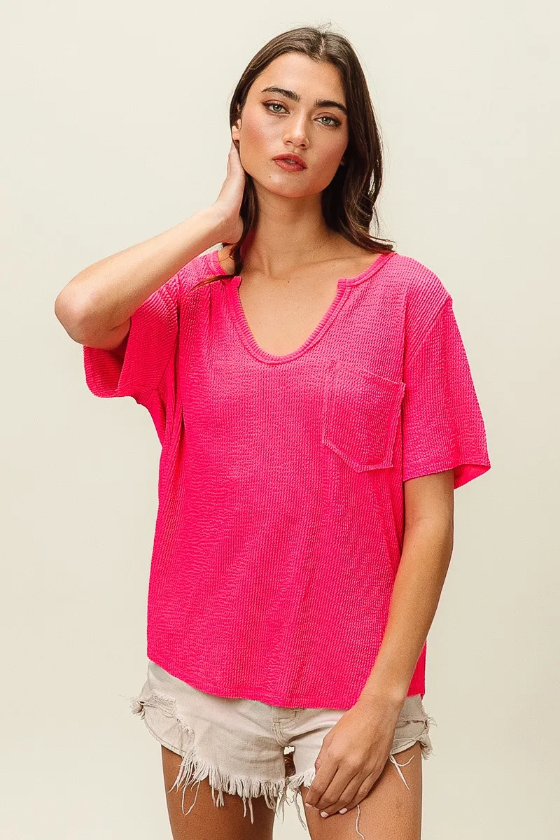 Waved Rib U Neck Top With Front Pocket, image 17
