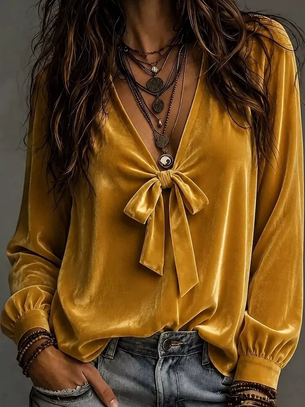 Front Bow Tie Detail V-Neck Top, image 5