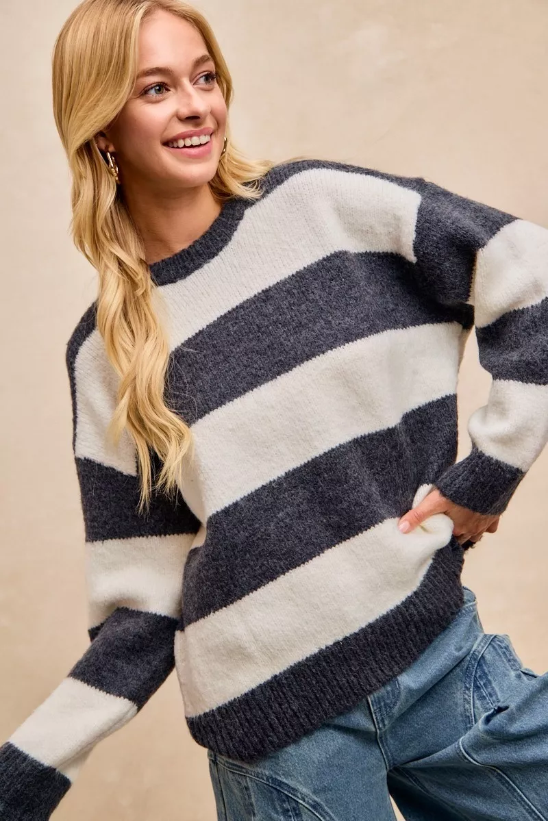 Wide Stripe Fuzzy Knit Round Neck Sweater, image 3
