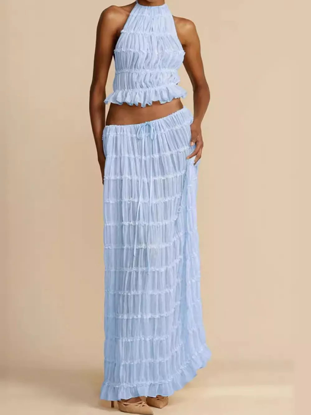 Boho Chic Ruffled Halter Crop Top and Maxi Skirt Set, image 29