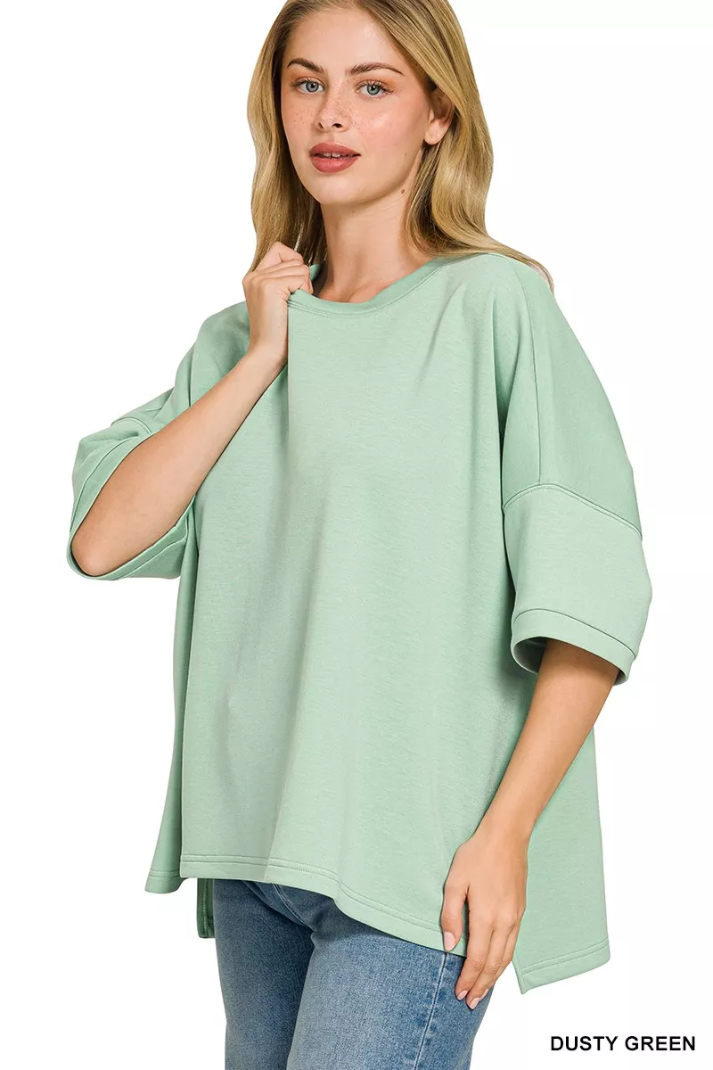 Full Size Scuba Round Neck Top With Side Slits Plus Size, image 2