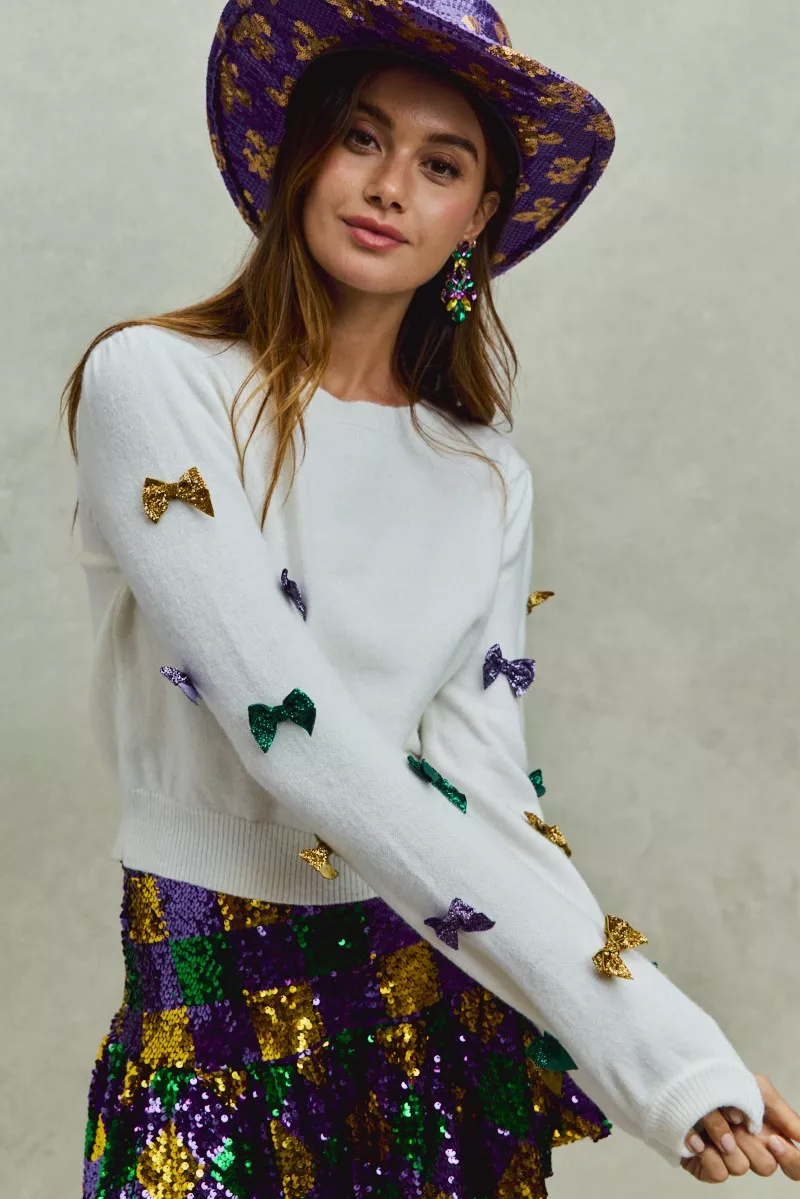 Mardi Gras Glitter Bow Ribbon Sweater Knit Top, image 12