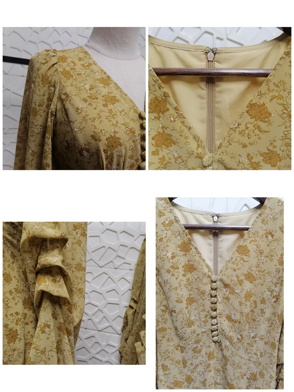 Vintage Floral Print V-Neck Long Sleeve Button-Down Midi Dress, image 12