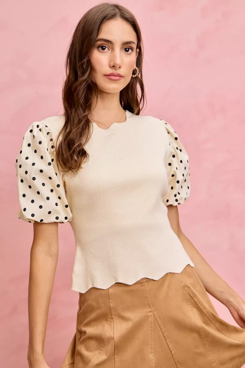 Polka Dot Contrast Woven Ballon Sleeve Blouse, image 10