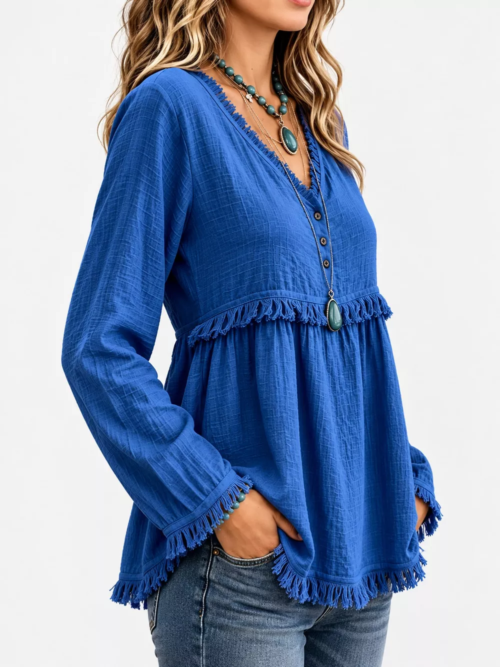 Full Size Fringed Trim V-Neck Long Sleeve Blouse Plus Size, image 55
