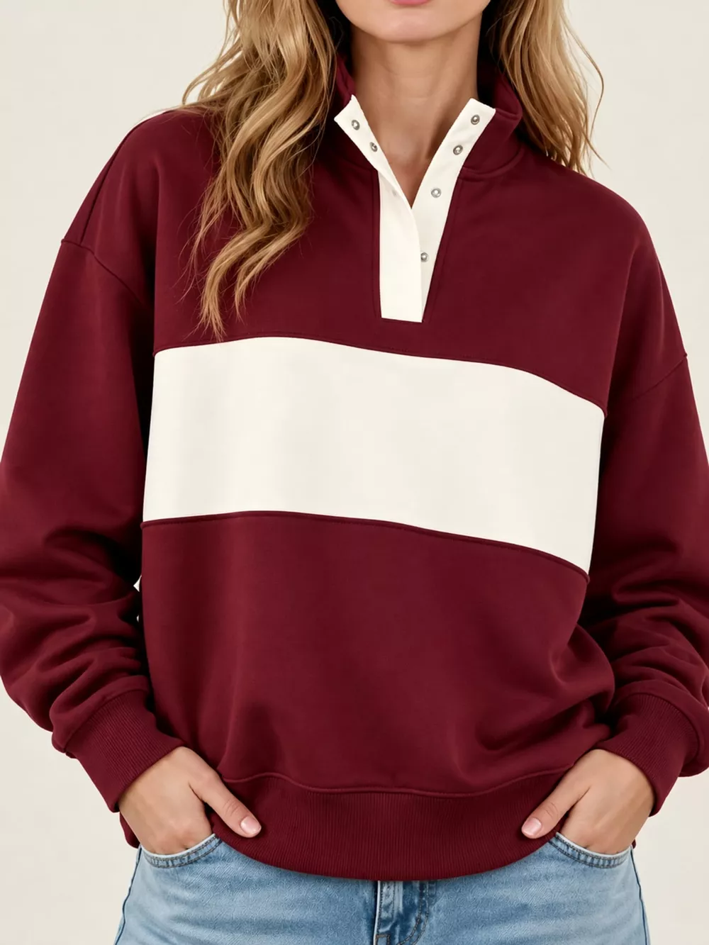 Full Size Color Block Snap-Button Sweatshirt Plus Size, image 6