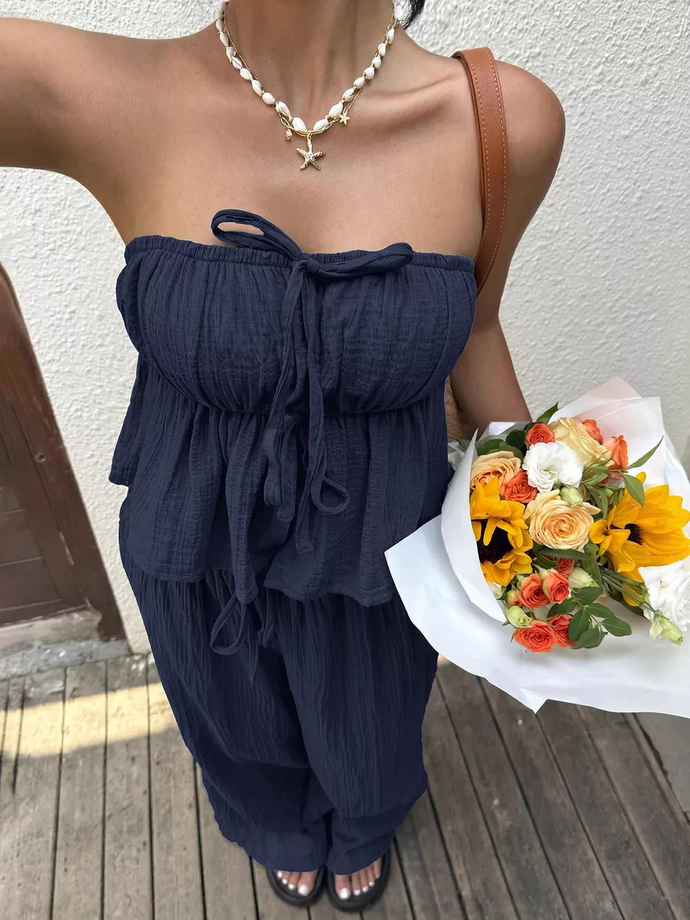 Textured Tube Top & Wide Leg Pants Set, image 4