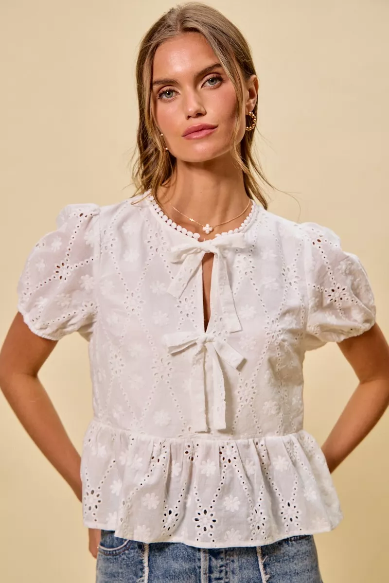 Cotton Eyelet Front Tie Short Sleeves Blouse, image 18