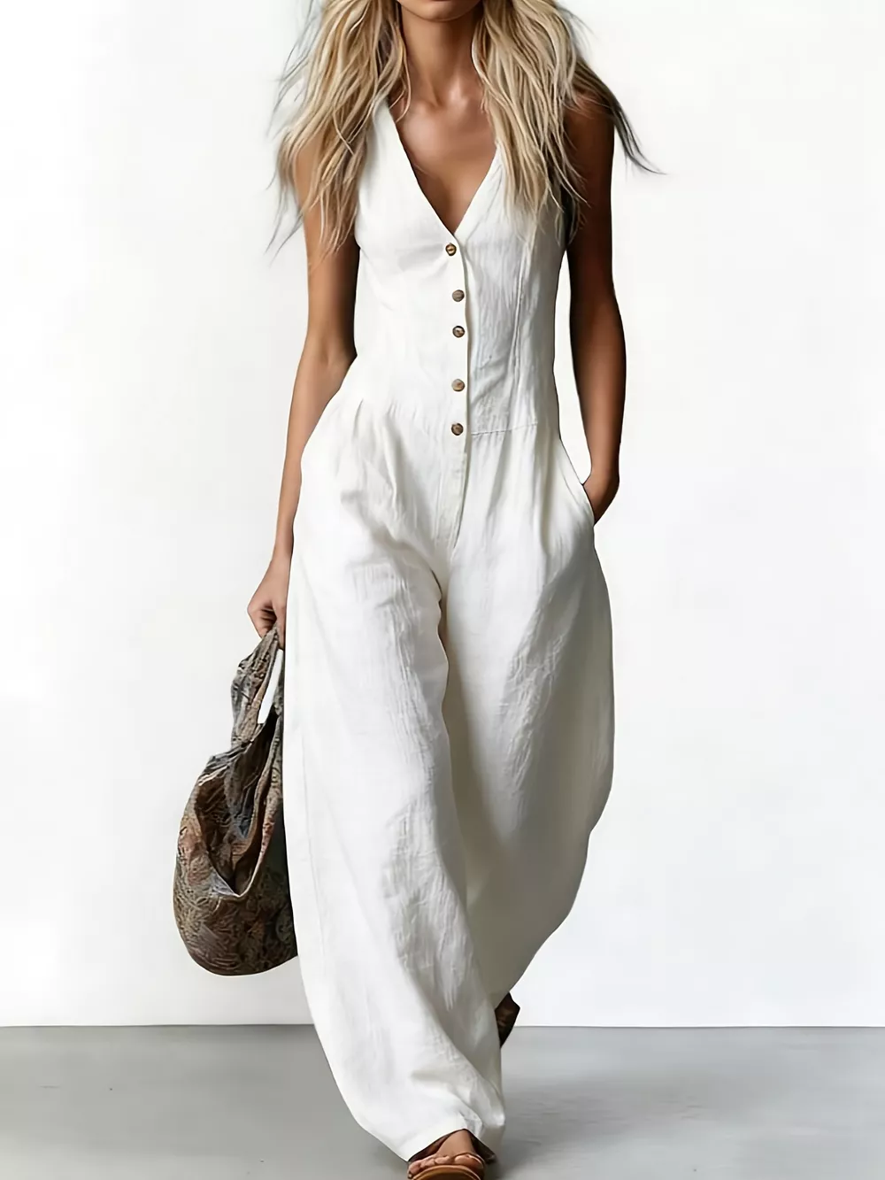 V-Neck Button-Down Wide-Leg Jumpsuit